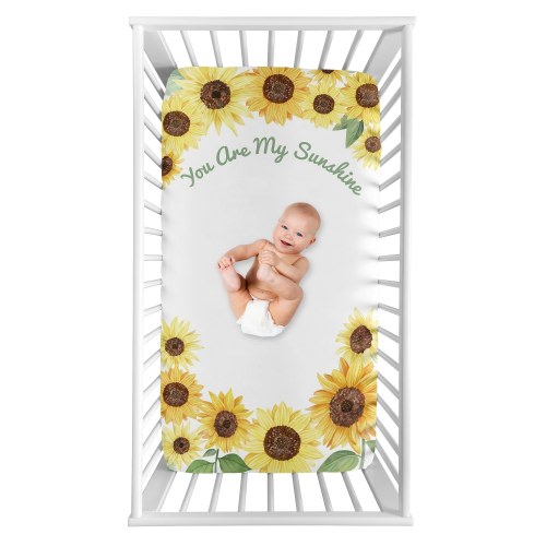 Sweet Jojo Designs Yellow Green Boho Floral Sunflower Girl Fitted Crib Sheet - Farmhouse Watercolor Flower, You Are My Sunshine