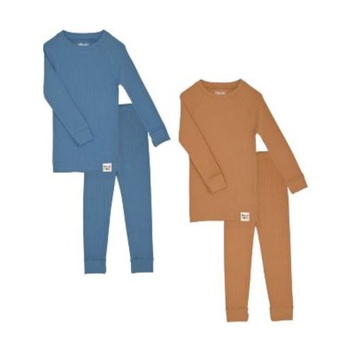 Sleep On It 4-piece 100% Organic Cotton Rib Knit Pajama Sets For Infant Baby Boys & Girls, Blue & Caramel, Size 12m