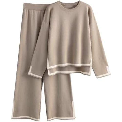 Tanming Women's 2 Piece Outfits Long Sleeve Knit Sweater Top Wide Leg Pants Lounge Sets Tracksuits