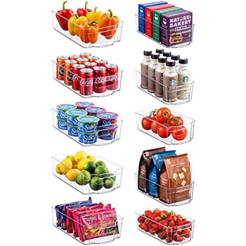 Set Of 10 Refrigerator Organizer Bins - 5 Wide and 5 Narrow Stackable Fridge Organizers for Freezer, Kitchen, Countertops, Cabinets - Clear Plastic Pantry Storage Rack