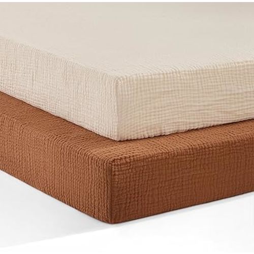 Pro Goleem Muslin Pack n Play Sheets for Boys and Girls, Soft Breathable Cotton Fitted Mini Crib Sheets, Neutral Baby Sheets for Playard Mattress, 2 Pack (Brown&Beige)