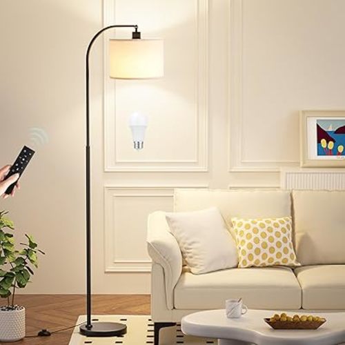 Ambimall Arc Floor Lamp with Remote and Stepless Dimmable Bulb, Colors Temperature & Brightness Adjustable, Black Floor Lamps for Living Room(Deep Beige Shade & Black Pole)