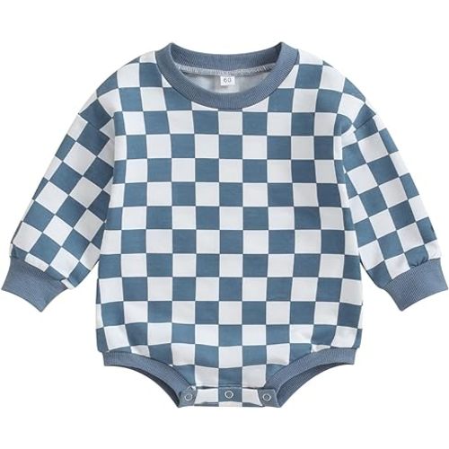 Karuedoo Baby Boy Girl Checkered Sweatshirt Romper Oversized Long Sleeve Bubble Romper Top Neutral Baby Fall Clothes
