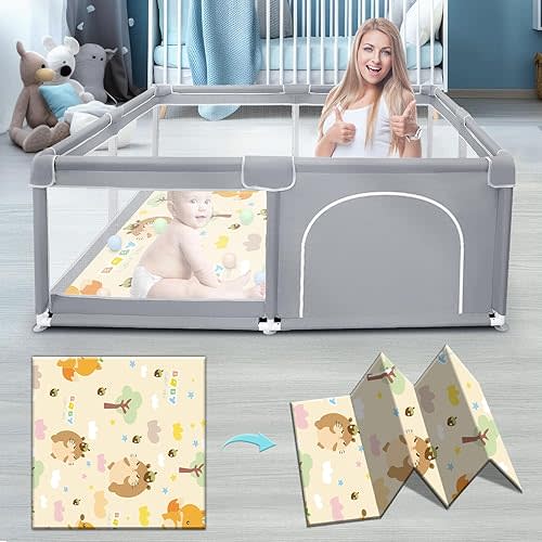 Baby Playpen with Mat, Baby Playpens for Babies and Toddlers, Baby Fence Play Pen for Indoor & Outdoor, Sturdy Safety Play Yard with Soft Breathable Mesh, 50 * 50 * 27 inches Grey