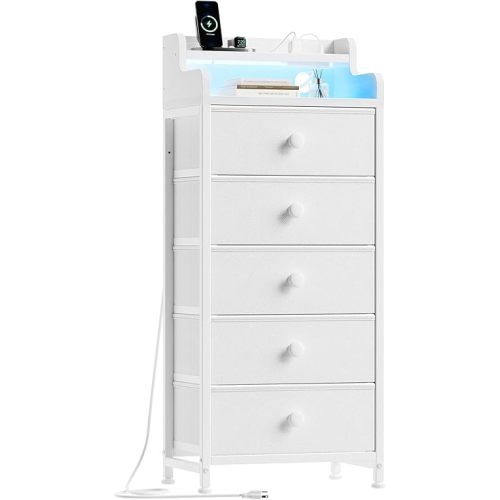 REAHOME 5 Drawer Dresser for Bedroom with Charging Station and LED Lights, White Chest of Drawers with with Shelves, Tall Night Stand with Sturdy Steel Frame & Wood Top for Bedroom - Leather White