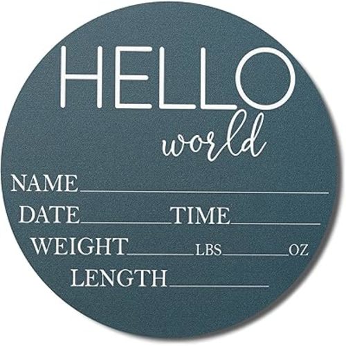 Hickory Hollow Designs - Baby Announcement Sign for Newborn Boys and Girls (Color Bases) - Hello World Nursery Decor Sign & Photo Prop for Babies Made of Birch Wood - 6" Circle Board (Blue)