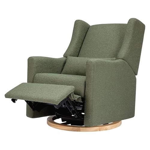 Babyletto Kiwi Glider Recliner Nursery Chair w/USB Ports - GREENGUARD Gold Certified - Water & Stain Resistant Glider Rocking Chair - Electronic, 270° Swivel, Olive Boucle w/Light Wood Base