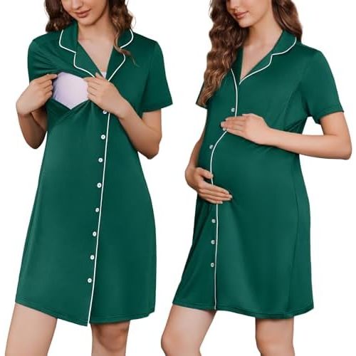 Ekouaer Button Down Nursing Nightgown V Neck Breastfeeding Dress Short Sleeve Classic Maternity Pajamas