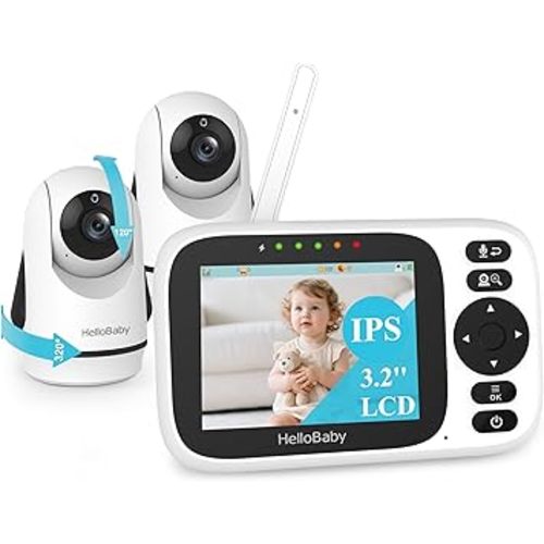 HelloBaby Baby Monitor 2 Cameras,Video Baby Monitors No WiFi with 3.2'' IPS Screen, Remote Pan-Tilt-Zoom Baby Camera Monitor,Plug&Play,Night Vision,1000ft,2-Way Talk, Temperature Display,ECO Mode