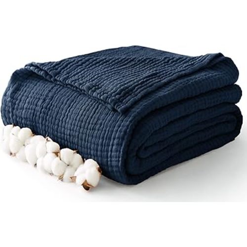 100% Cotton Muslin Blanket Queen 90" x 90", 6 Layers Breathable and Lightweight Cotton Throw Blanket for Bed, Soft Quilt Bedspread Coverlet, Gauze Blanket for Adults All Season, Navy