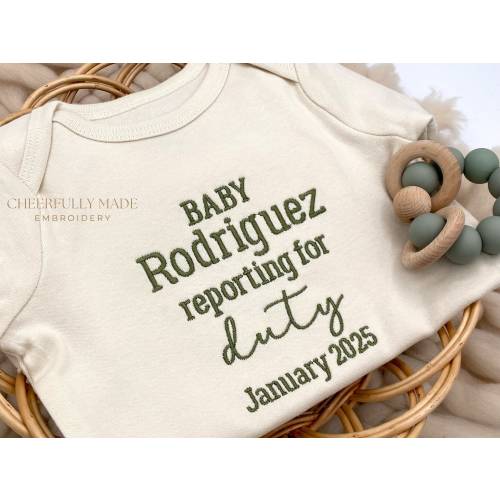 Embroidered Military Bodysuit, Baby Reporting for Duty Bodysuit, Army Baby Announcement, Military Pregnancy Announcement, Depolyed Bodysuit