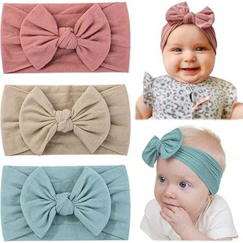 jollybows 3PCS Baby Nylon Headbands Hairbands Hair Bow Elastics for Baby Girls Newborn Infant Toddlers Kids (9-Baby pink+Baby blue+Khaki, 3 Count (Pack of 1))