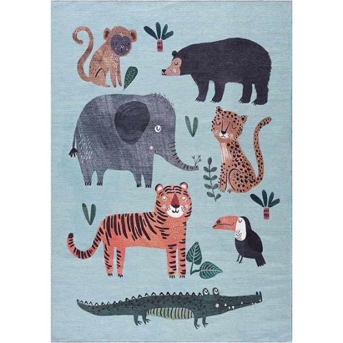 Hauteloom Petey Kids Room, Nursery Machine Washable Area Rug - Animals - Blue, Terracotta - 5'3" x 7'3"