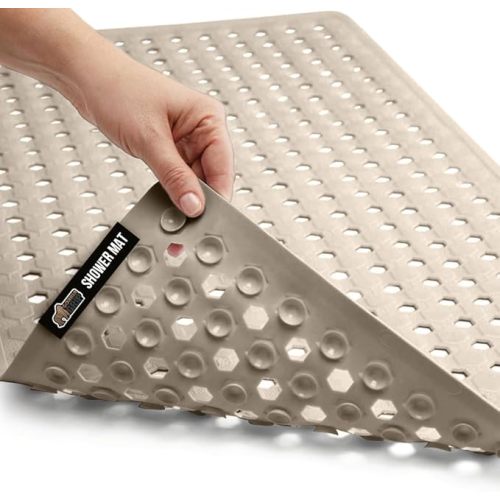 GORILLA GRIP Patented Bath Tub Shower Mat, Machine Washable Bathtub Floor Liner Mats, Suction Cups and Drain Holes to Keep Tubs Clean, Soft on Feet, Bathroom Essentials, 35x16 Inch, Beige