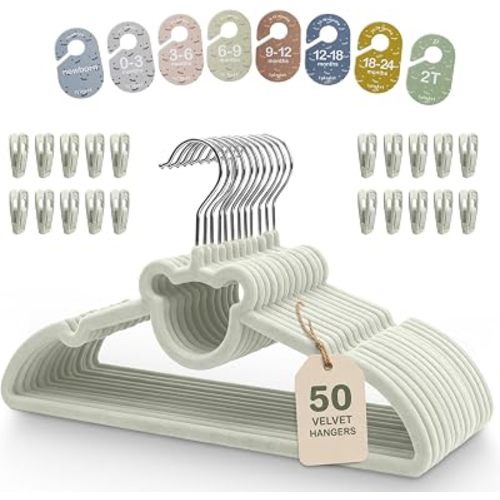 Velvet Baby Hangers with Clips & Size Dividers, 50 Pack