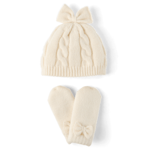 Baby Girls Bow Cable Knit 2-Piece Cold Weather Set - White