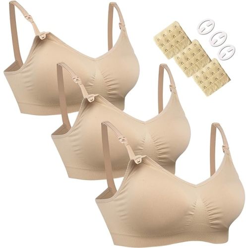 HOFISH 3PACK Full Bust Seamless Nursing Maternity Bras Bralette S-XXL with Extra Bra Extenders & Clips - Large - 3pcs/Pack(beige)