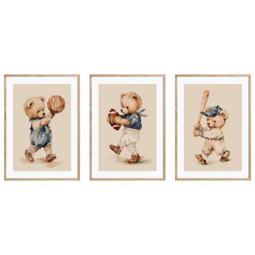 Set of 3 Teddy Bear Sports Wall Art | Vintage Watercolor Nursery Decor (Digital Download)