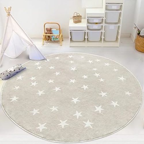 Poowe Stars Round Rug for Kids Room 4 FT Alphabet Super Soft Rug Non Slip Nursery Rug Bedroom Playroom Rug Washable Classroom Circle Rug for Kids Baby Toddlers-Beige
