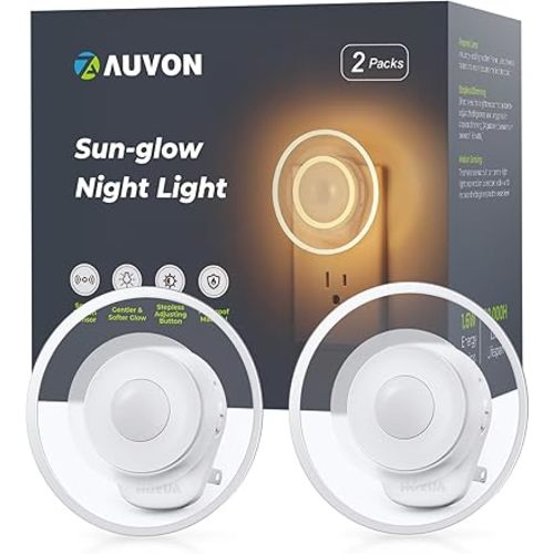 AUVON Sun-Glow Motion Sensor Night Light, Adjustable LED Night Lights Plug into Wall with 1-60 lm, Warm White Ambient Lighting, Plug in Night Light for Bathroom, Hallway, Bedroom, Kitchen, 2 Packs