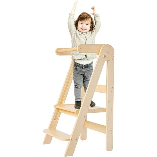 Kids Step Stool, Toddler Learning Tower, Easy Folding, Safety Rail with Lock, 3-Level Height Adjustable