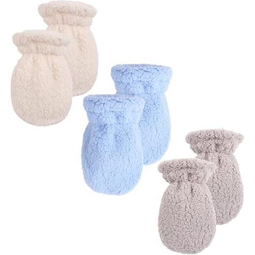 Peecabe Winter Warm Baby Mittens Infant Toddler Fleece Gloves for Boys and Girls Cozy Mittens Set 0-24 Months (White+Light Gray+Sky Blue,S)