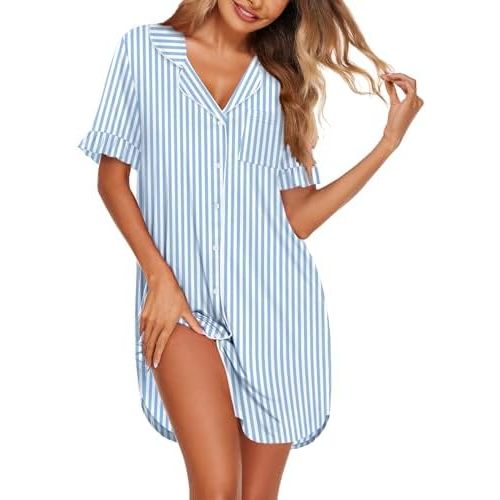 Ekouaer Nightgowns for Women Button Down Sleep Shirts Short Sleeve Night Shirts V Neck Sleepwear Boyfriend Pajama Dress