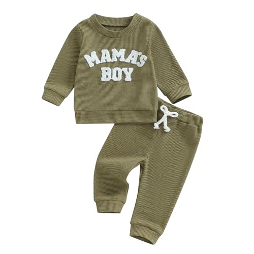 MERSARIPHY Toddler Baby Boy Clothes Waffle Knit Outfit Mama's Boy Little Dude Sweatshirt tops Pants Set Fall Winter Clothing