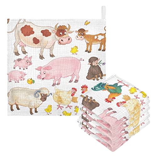 WIFIU Cow Pig Sheep Chick Baby Muslin Washcloths Farmhouse Animals Burp Cloths Soft Absorbent Baby Wash Cloth Fingertip Face Towels for Newborn Boys Girls 12 x 12 in, 5 Pack