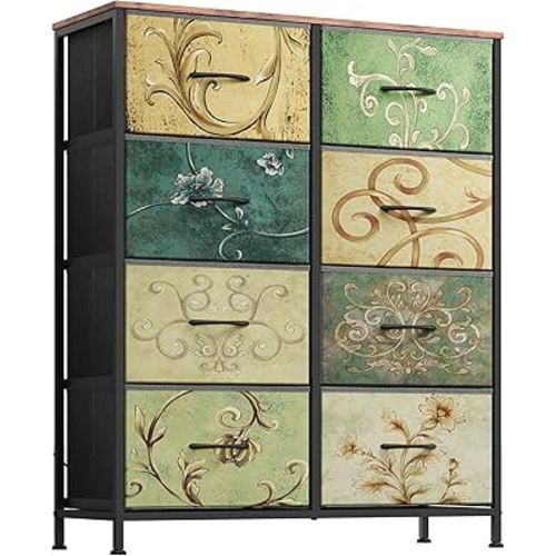 WLIVE Tall Fabric Dresser with 8 Drawers, Storage Tower with Fabric Bins, Double Dresser, Chest of Drawers for Closet, Bedroom, Living Room, Hallway, Dorm, Floral Painted