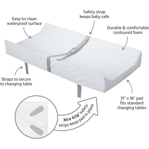 Munchkin Secure Grip Baby Diaper Changing Pad for Dresser, Waterproof and Wipeable, Contoured, Standard Size (16" x 31"), White