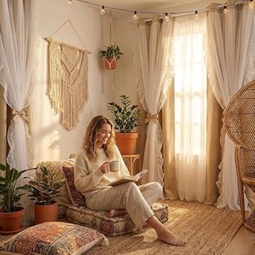 PONY DANCE Girls Curtains for Bedroom Decorative Drapes for Kids Double Layer Curtain Ruffle Sheer Overlay Room Darkening Pretty Chic Princess, 52x84 inch, Biscotti Beige, 2 PCs