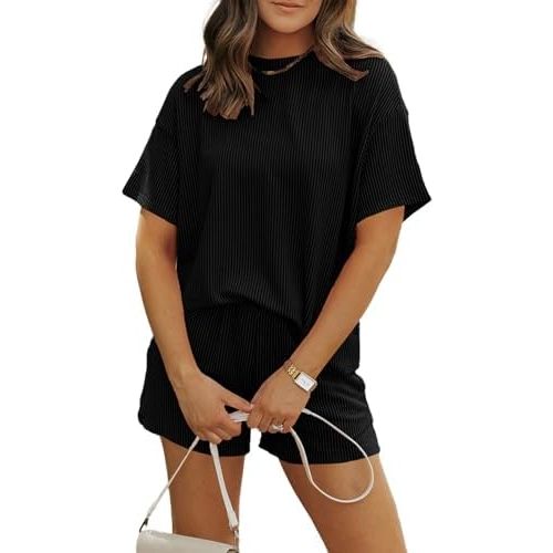 MARZXIN Women 2 Piece Shorts Set 2026 Casual Summer Cruise Outfits Ribbed Loose Short Sleeve Pocket Matching Lounge Sets