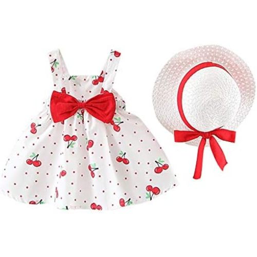 Infrant Baby Girls Summer Dresses Sleeveless Princess Clothes Cherry Polka Dot Tank Skirt Bow Hat Outfit Set 2Pcs
