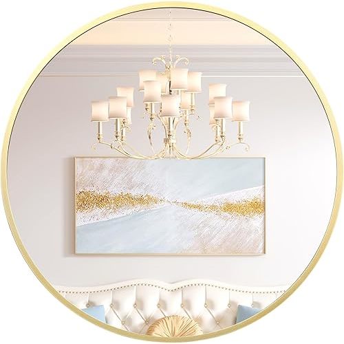 24 Inch Round Mirror for Wall, Gold Metal Frame Circle Mirror, Round Bathroom Mirror for Wall Decor, Rounds Wall Mirror for Entryway, Vanity, Bedroom, Easy to Install