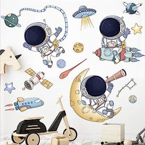 Astronaut Wall Stickers, DILIBRA Planet Space Walk Spaceship DIY Art Vinyl Removable Murals Wall Decals, Cartoon Spaceman Cosmonaut Art Decorations for Kids Boys Bedroom Playing Room (Astronaut3)