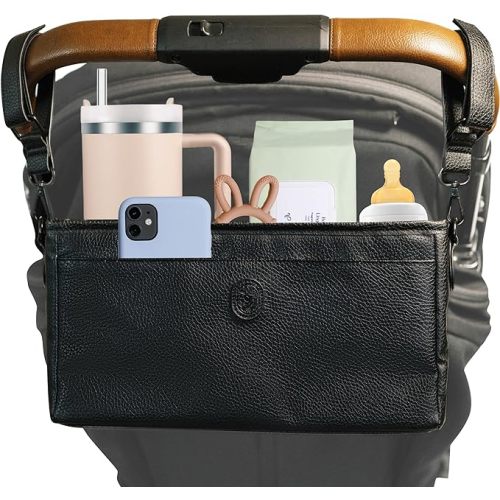 Universal Stroller Organizer with Cup Holder- Leather Stroller Caddy with Cup Holder, 4 Built-In Pockets, & Shoulder Strap, Stroller Bag Organizer fits Mockingbird, UppaBaby, Nuna, BOB, and More - Black