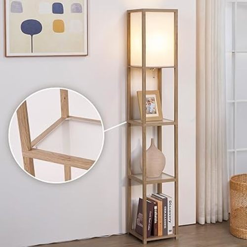 Floor Lamp with Shelves, Modern Shelf Lamps with LED Bulb, Corner Lamps with Glass Shelves, Display Shelf with Light, Standing Lamp for Living Room, Bedroom, Office-Rustic Wood
