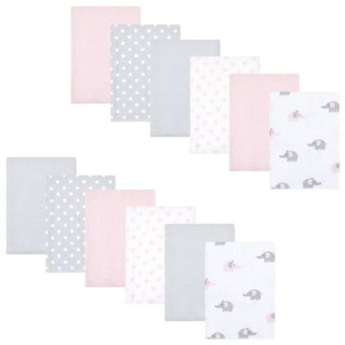 Hudson Baby Infant Girls Cotton Flannel Burp Cloths Bundle, Pink Gray Elephant, One Size