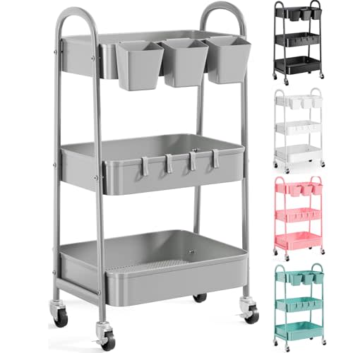3 Tier Gray Metal Rolling Cart, Mesh Storage Cart with Handle and Lockable Wheels, Multifunctional Three Tiered Utility Organizer Carts for Kitchen, Office, Bathroom, Craft, Art, Snack, Baby Supplies