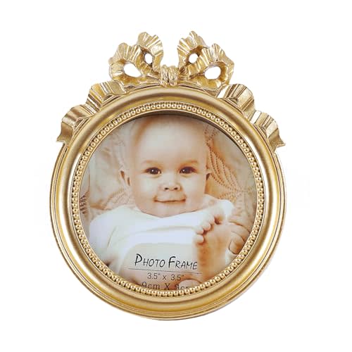 Vintage Picture Frames 3.5x3.5 Ornate Wallet Size Round Small Gold Picture Frames for Tabletop and Wall Mount Retro Home Decor Antique Wall Decor with Embossed Bead and Bow
