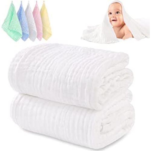 HardNok Muslin Baby Towel and Washclothes, 2 Large Gauze Super Soft Baby Bath Towel and 5 Washcloths, 6 Layers Muslin Cotton Infant Towel Suitable for Baby's Delicate Skin(White)