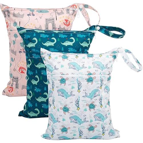 babygoal Wet Dry Bags 3 Pack for Baby Cloth Diapers, Washable Travel Bags, Beach, Pool, Gym Bag for Swimsuits & Wet Clothes with Two Zippered Pockets 3LN17