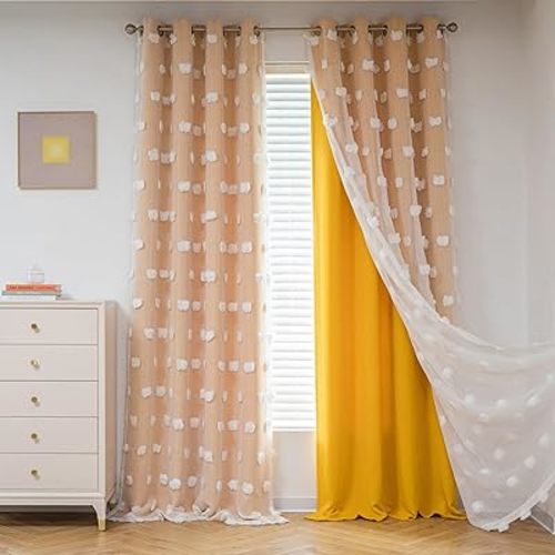 MYSKY HOME Yellow Curtains for Living Room Nursery Curtains 84 Inch Long Double Layer Curtains for Kids Room White Pom Pom Sheer Blackout Grommet Room Darkening Window Curtains 2 Panels Set 52" x 84"