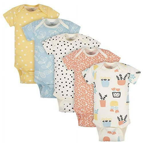 Grow by Gerber Baby Girls Organic 5-Pack Short-Sleeve Onesies Bodysuits, Orange/Yellow/Green/Ivory, 3-6 Months