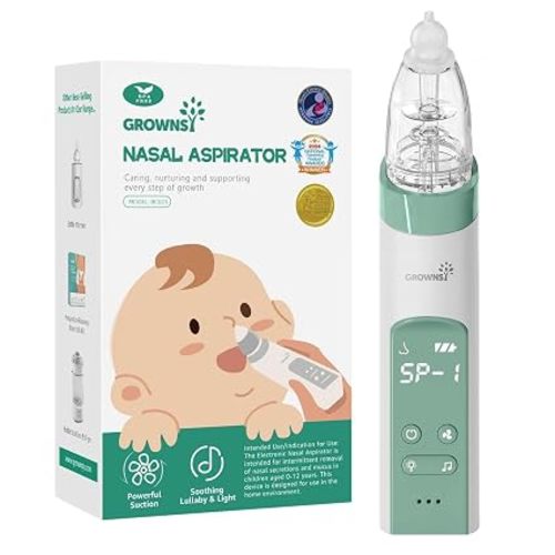 GROWNSY Electric Nasal Aspirator for Baby, Nose Sucker with 3 Tips, Green | Adjustable Suction Safely Clears Stuffy Nose, Soothing Music & Light Calm Fussy Kids, 3 Silicone Tips Fit Newborn to Toddler