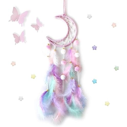 Fun-Plus Pink Dream Catcher Wall Hanging Set - 10 Butterflies & 16 Stars, Boho Room Decor for Girls, Easy Peel & Stick Wall Art for Bedroom, Nursery, Teen Room for Daughter, Birthday, Christmas