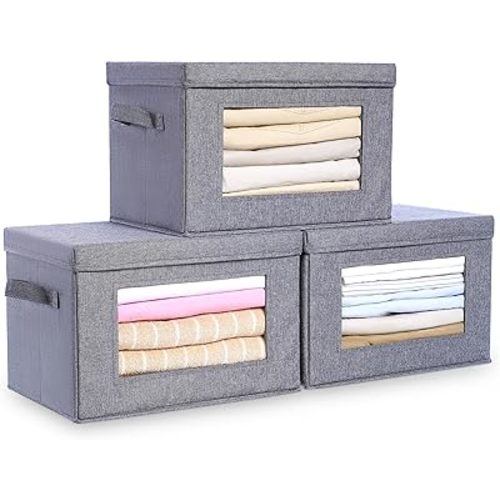 Citylife 3-Pack Collapsible Storage Bins with Lids, Linen Fabric Foldable Storage Boxes, Cube Closet Organization for Clothes, Blankets and Books, Gray