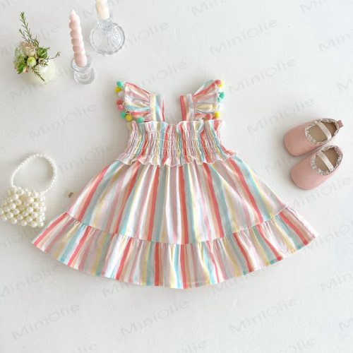 Baby Multicolor Vertical Striped Ruffled Dress