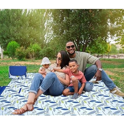 Hi Space Outdoor Picnic Blankets Waterproof Foldable Picnic Mat Extra Large Beach Blankets Sandproof Blanket for Grass Lawn Park Camping Beach, 80"x60", Navy Blue Leaves